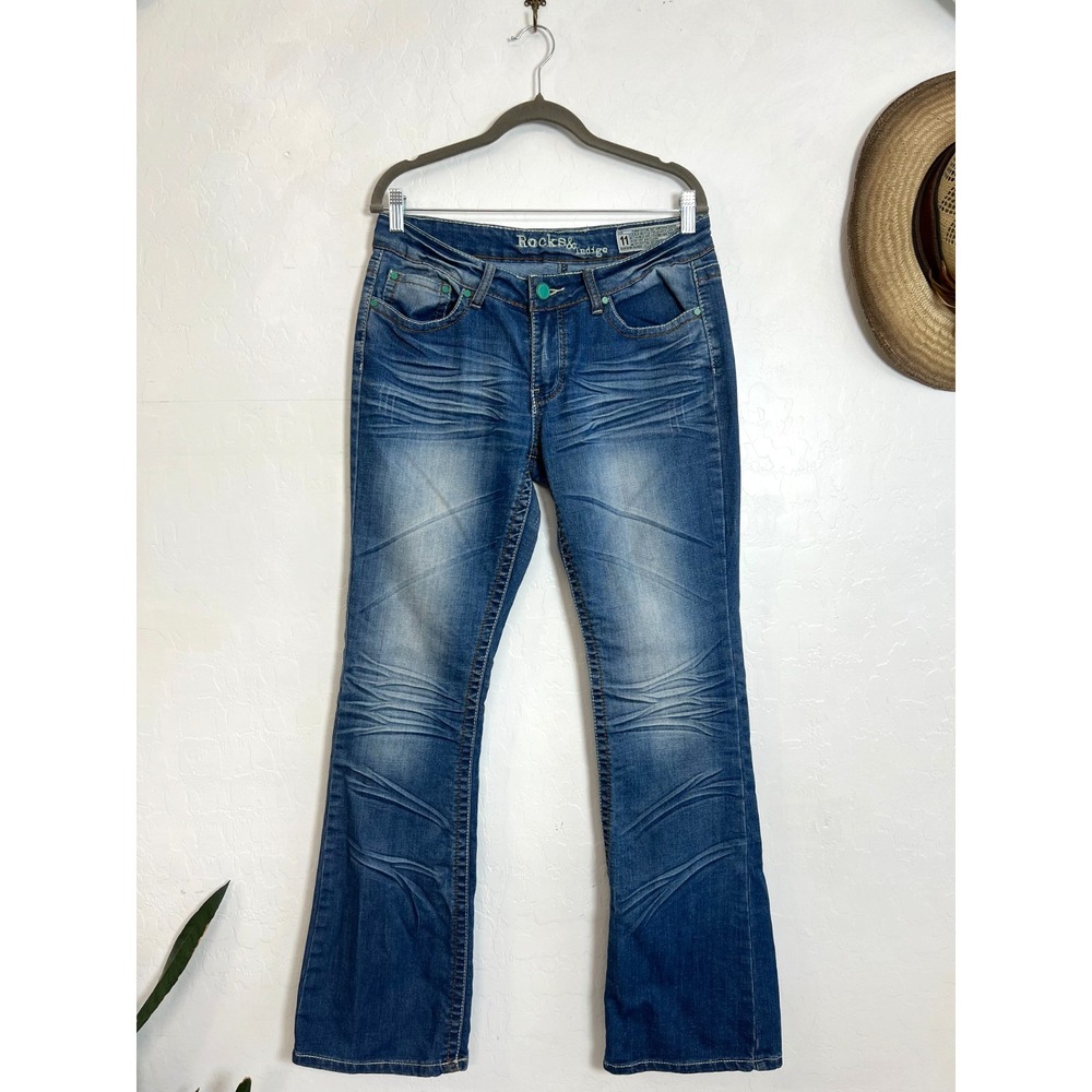 Rocks & Indigo Bootcut Midrise Jeans Size 11 Faded Whiskered Stretch Denim